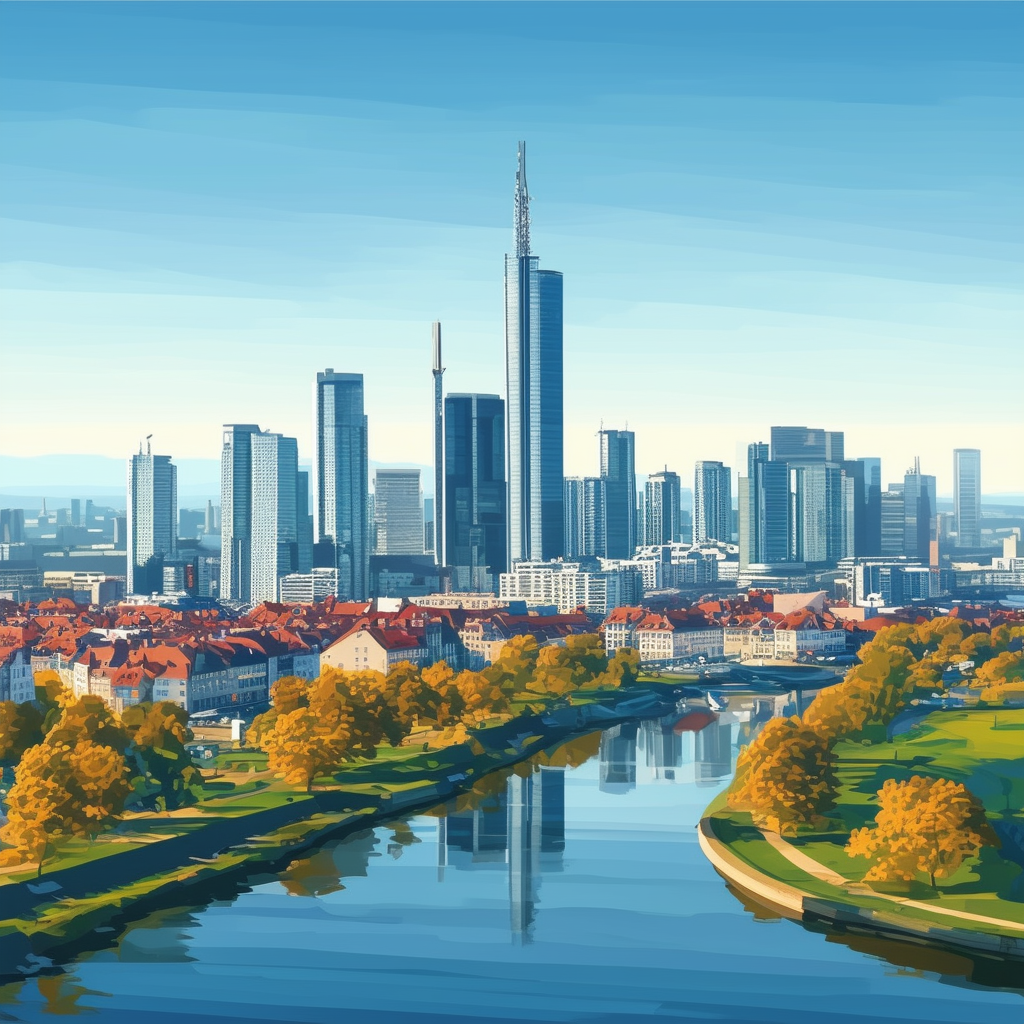 Moderner Frankfurt Stadtszenenansicht mit markantem Hochhaus im Zentrum umgeben von gruenen Flaechen und Wasserwegen vermittelt Stabilitaet Wachstum und Prosperitaet. Modern Frankfurt cityscape view with prominent skyscraper in the center surrounded by gre