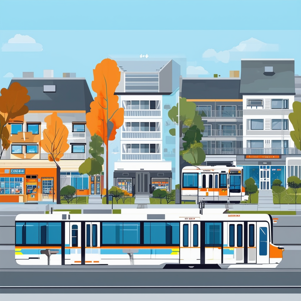 Eine flache Vektorillustration einer staedtischen Nachbarschaft mit oeffentlichen Verkehrsmitteln Schulen und Einkaufsbereichen in einer Farbpalette aus Weiss Orange Blau Dunkelgrau und Hellgrau.