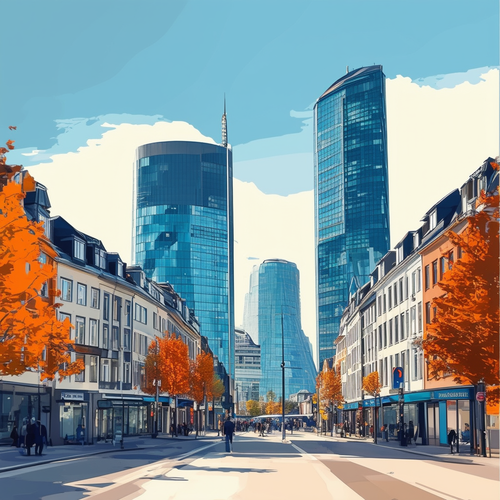 High-quality vector illustration showcasing Frankfurts financial district featuring modern skyscrapers busy streets and highlighting the citys central location in Europe excellent infrastructure high quality of life international environment Hex colors: ff