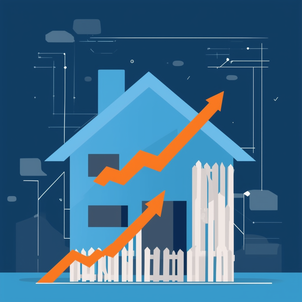 Haus mit steigender Graphenlinie: Immobilienbewertung und Investitionskosten in einem stilvollen Blau 1398f8 Orange ec6707 grauen Schriftzuegen 595857 hellgrauen Schatten a6a7a8 und weissen Akzenten ffffff.