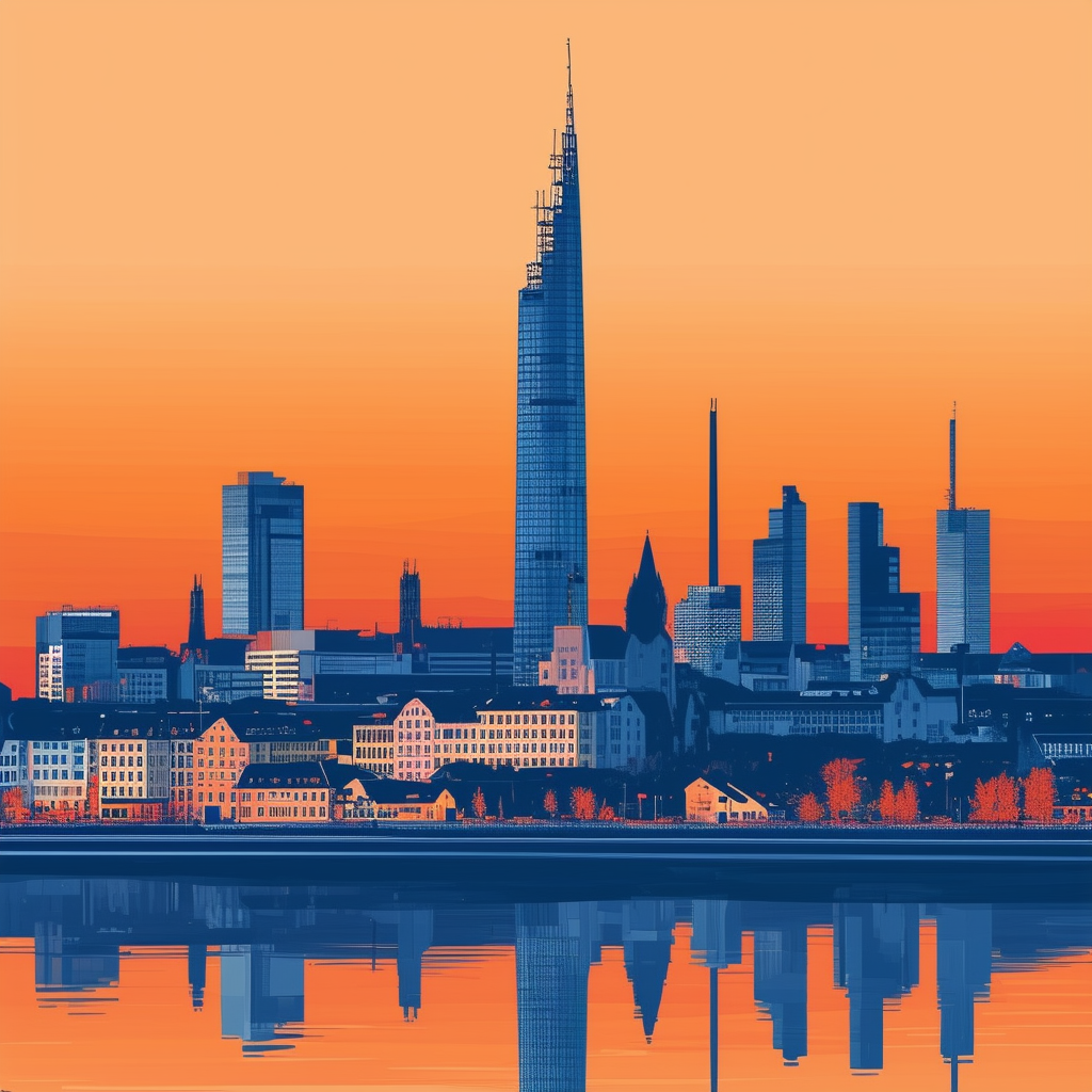 High-quality visually stunning flat vector illustration of Frankfurts skyline at sunset showcasing modern skyscrapers historic buildings European Central Bank building Roemerberg square Main River warm orange ec6707 sky soft blue 1398f8 hues subtle gradien