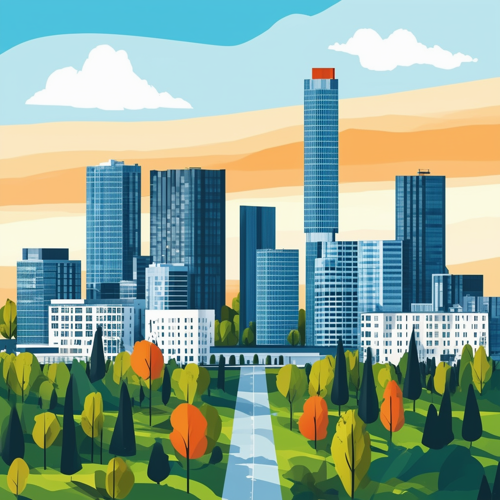 Modern Frankfurt cityscape illustration featuring iconic skyscrapers lush green parks and contemporary architecture set against a bright blue sky with white clouds incorporating Hex colors: White ffffff Orange ec6707 Blue 1398f8 Dark Gray 595857 Light Gray