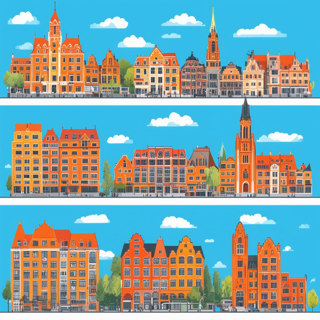 A captivating flat vector illustration showcasing various Frankfurt neighborhoods each with its distinct character charm set against a bright blue sky with white clouds accented by orange hues in building facades dark gray outlines light gray textures subt