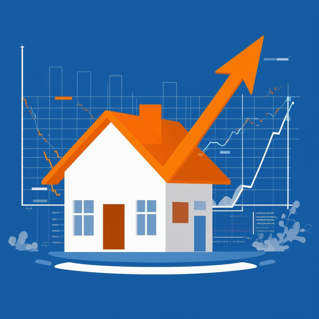 Immobiliengutachten: Hausbewertung mit steigender Kurve auf blauem Hintergrund mit weissen orangen und grauen Akzenten.