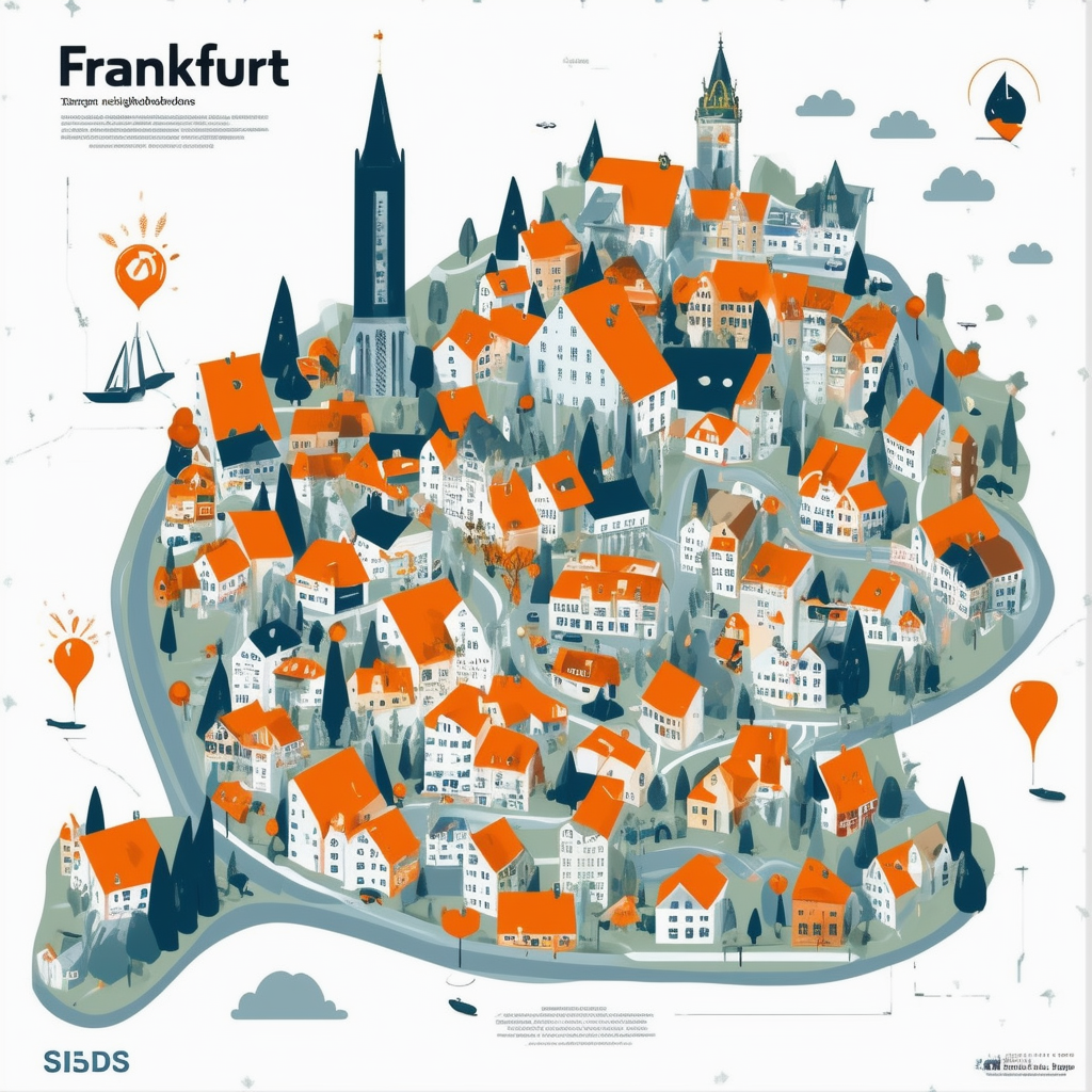 Illustration of Frankfurts neighborhoods map featuring icons for rising property prices growing demand for housing thriving real estate market White ffffff Orange ec6707 Blue 1398f8 Dark Gray 595857 Light Gray a6a7a8.