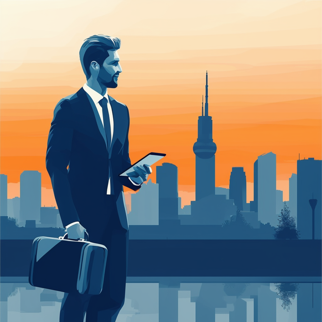 Professional real estate agent standing in front of modern Frankfurt skyline briefcase and tablet in hand surrounded by subtle gradient colors evoking trust expertise efficiency White ffffff Orange ec6707 Blue 1398f8 Dark Gray 595857 Light Gray a6a7a8.