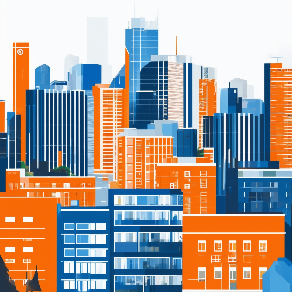 High-quality flat vector illustration showcasing Frankfurt cityscape with modern architecture vibrant colors dynamic lines incorporating hex codes: White ffffff Orange ec6707 Blue 1398f8 Dark Gray 595857 Light Gray a6a7a8. The image highlights the diversit