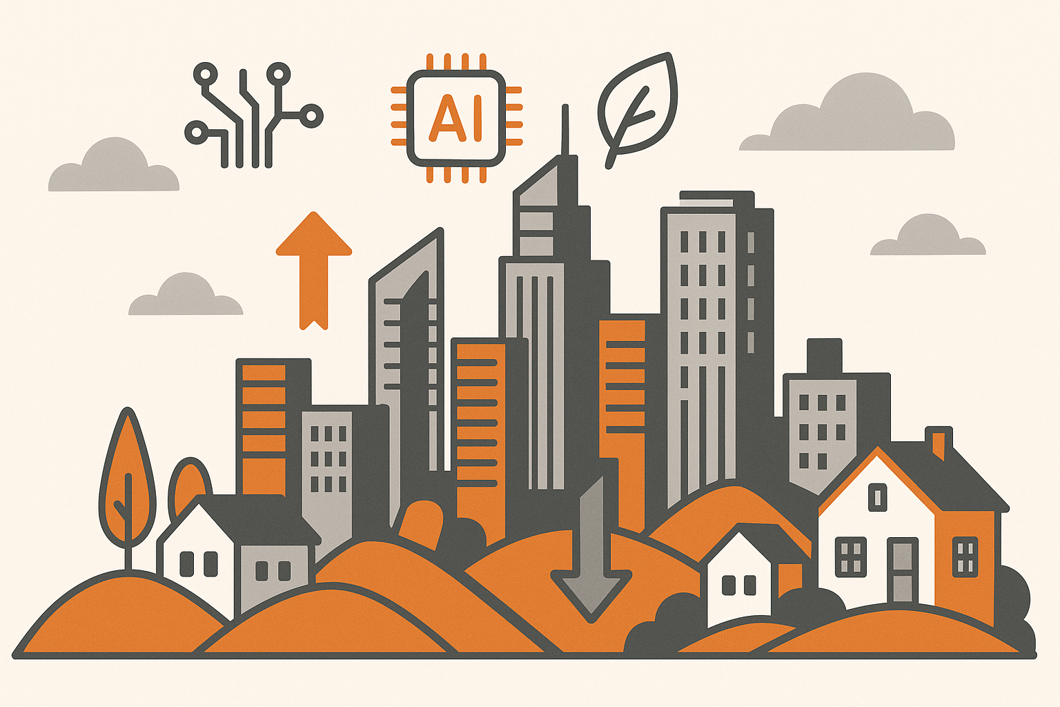 Dynamische Stadtansicht mit Hochhäusern, traditionellen Häusern, Preisentwicklungspfeilen, Technologie- und ESG-Symbolen.