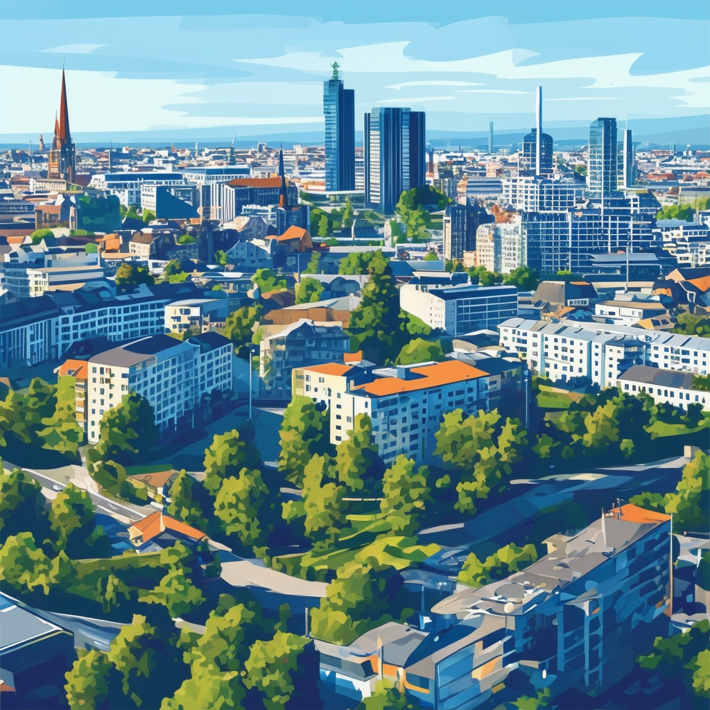 High-quality flat vector illustration of Immobilienmarkt Frankfurt am Main a vibrant cityscape with modern skyscrapers and buildings surrounded by lush greenery showcasing dynamic market trends featuring bold lines bright colors including Hex codes: White