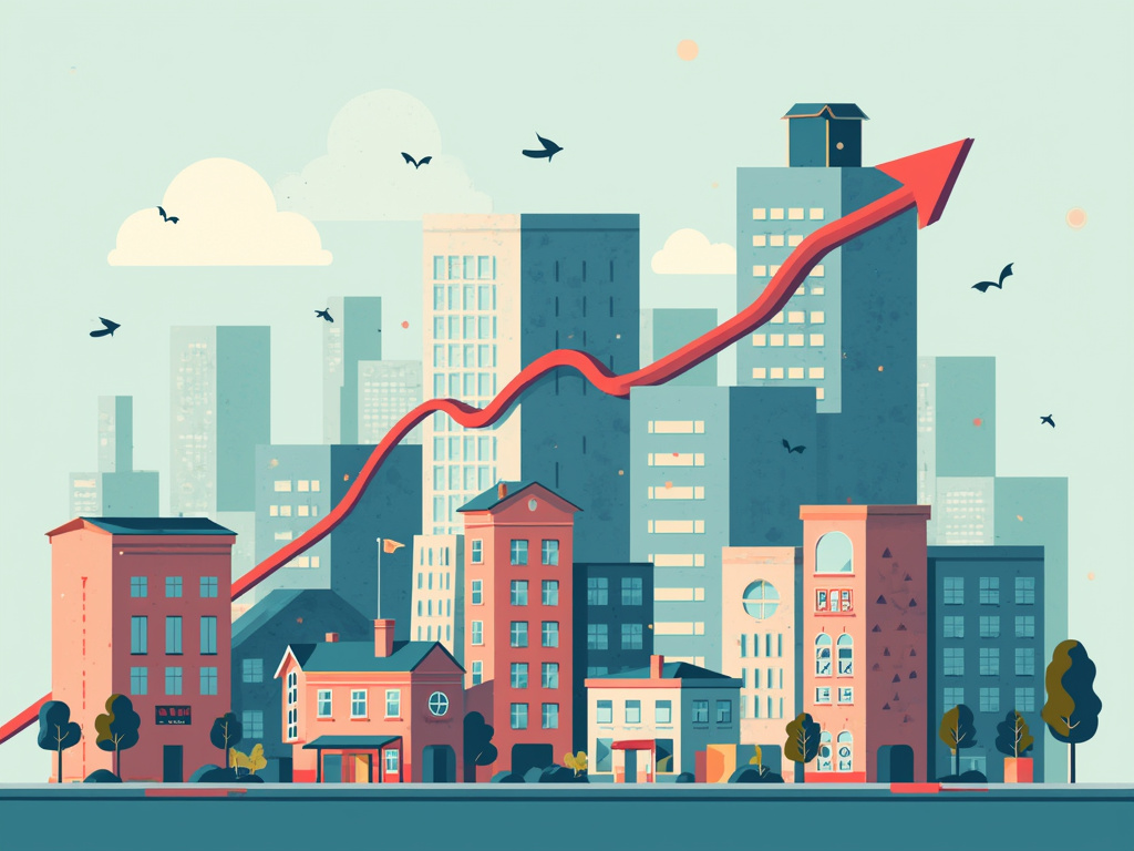 Alt Text:  Dynamische Immobilienmarktszene 2024 mit steigenden Preisen abstrakten Gebaeuden und Grafiken in Orange Blau und Grau.