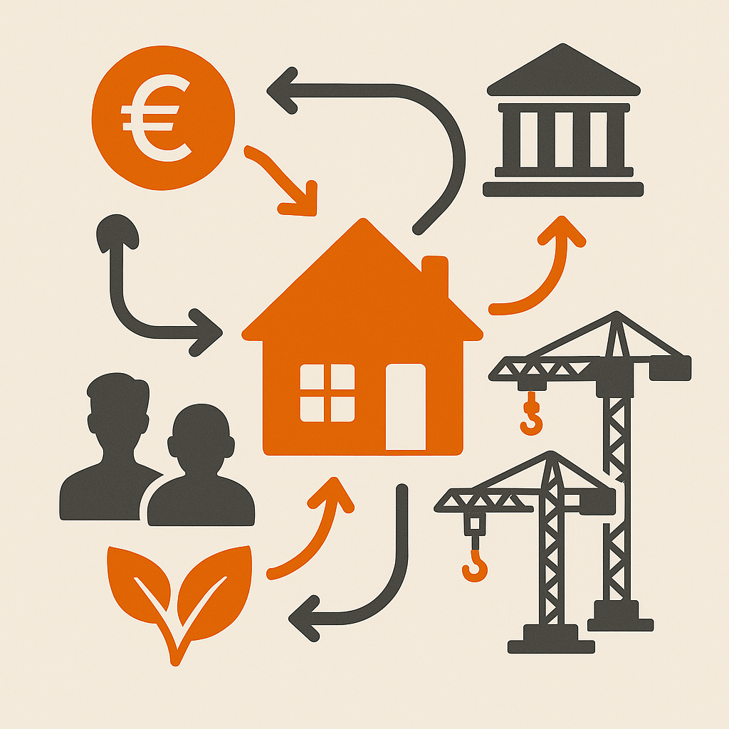 Illustration mit Haus, Euro-Münze, Regierungsgebäude, Demografie, Baukränen und Energieblatt als Faktoren Immobilienmarkt