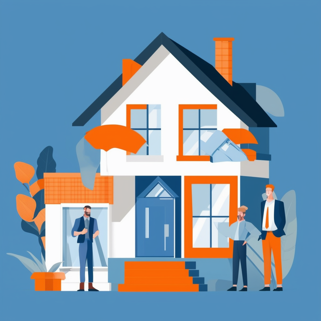 Eine professionelle und informative Illustration ueber die Immobilienbewertung mit ausgewogener Farbpalette von Weiss Orange Blau Dunkelgrau und Hellgrau.