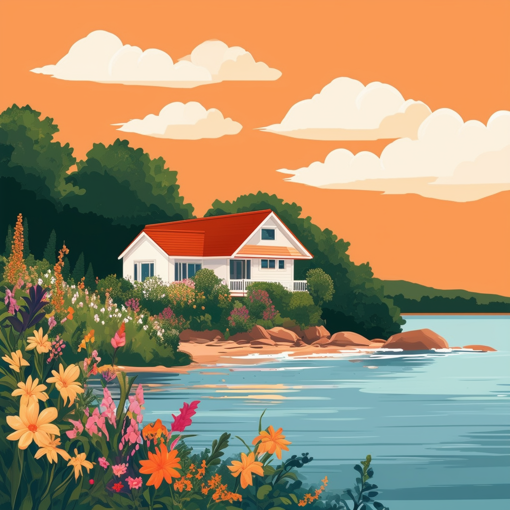 Cozy vacation home amidst serene summer landscape surrounded by lush greenery calm waters vibrant flowers soft white clouds and warm orange ec6707 sky.