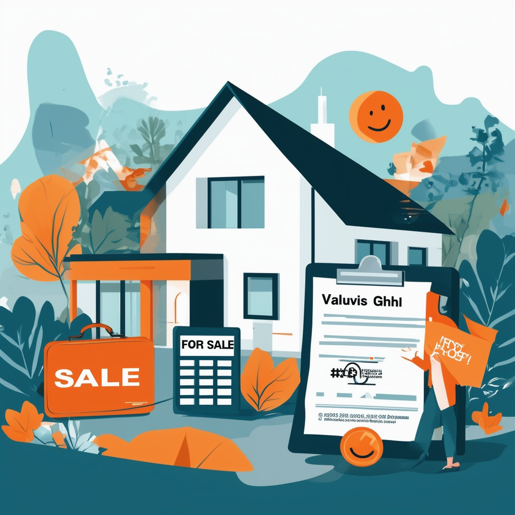 Successful Real Estate Transaction: Modern House with Lush Greenery Background Surrounded by Elements Representing the Selling Process Including For Sale Sign Briefcase Full of Documents Calculator Smiling Agent from Valuvis GmbH - White ffffff Orange ec67