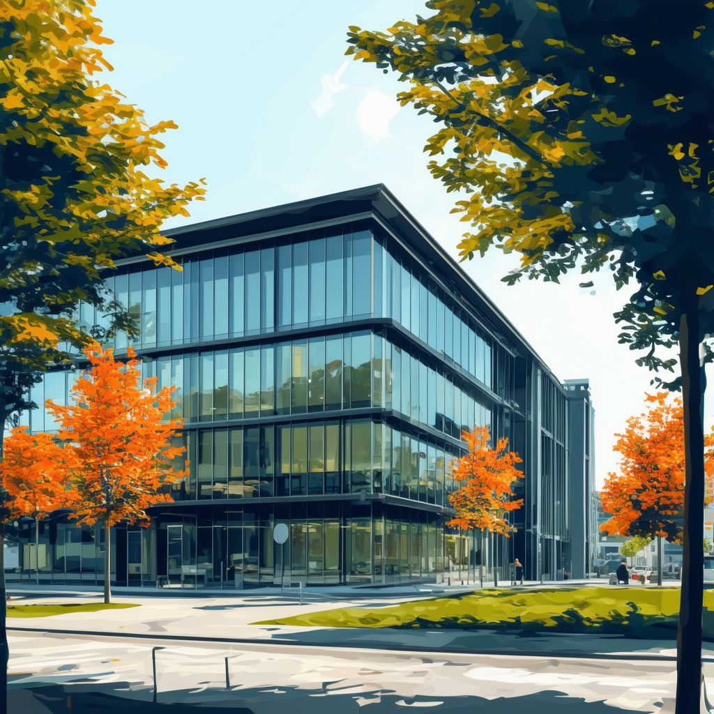 Modern office building in Frankfurt Germany featuring sleek design cutting-edge technology lush greenery surroundings perfect blend of functionality and aesthetics incorporating hex colors: White ffffff Orange ec6707 Blue 1398f8 Dark Gray 595857 Light Gray