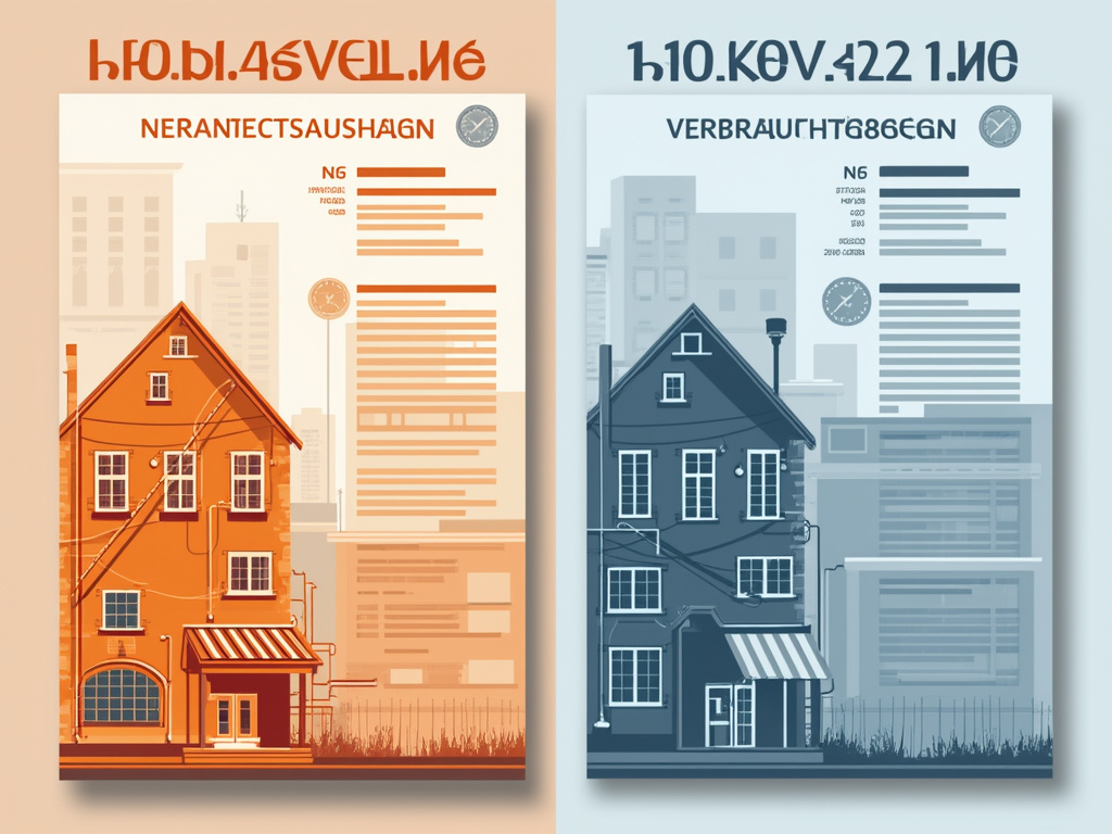 Alt Text: Zwei Energieausweise im Vergleich: Bedarfsausweis mit technischen Details Verbrauchsausweis mit Verbrauchsdaten in Weiss Orange Blau.