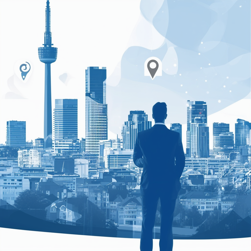 Expert Real Estate Agent: Confidently Standing in Front of Modern Cityscape with Frankfurt Skyline Surrounded by Icons Representing Property Evaluation Marketing Consultation Services Set Against Gradient Blue 1398f8 to White ffffff Accented by Dark Gray 5