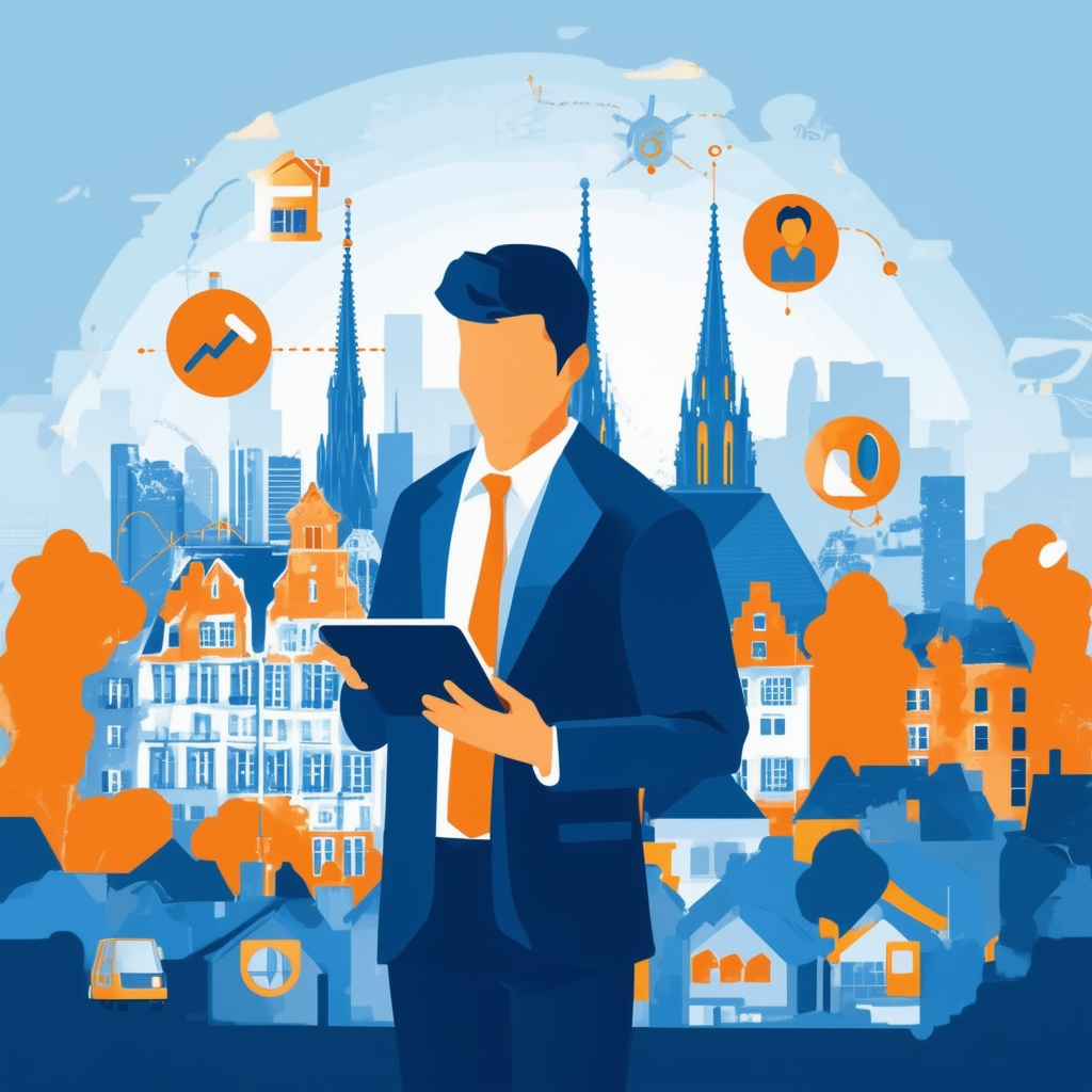 Professional real estate agent standing in front of Frankfurt skyline holding tablet with appraisal report surrounded by icons representing property valuation process: market analysis property inspection presentation results.