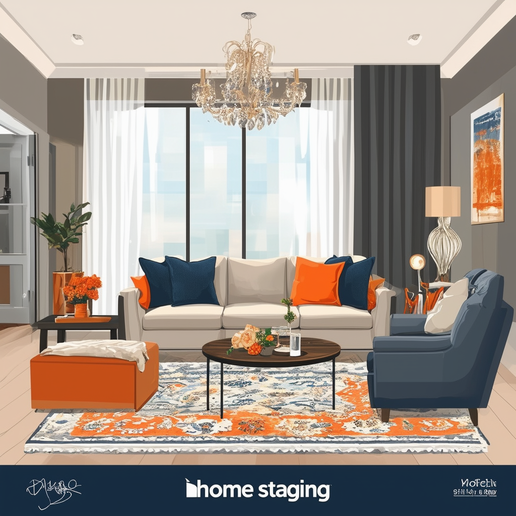 Cozy living room setup with neutral colors modern furniture arrangement pops of orange ec6707 and blue 1398f8 dark gray 595857 light gray a6a7a8 white ffffff inviting atmosphere perfect for showcasing propertys best features.