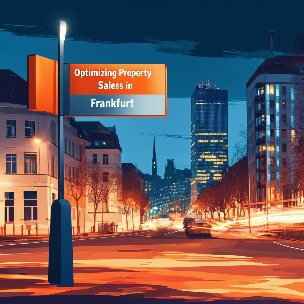 High-quality flat vector illustration of Frankfurt skyline with prominent property sale sign surrounded by bustling streets and city life conveying theme Optimizing Property Sales in Frankfurt with urban energy professionalism lucrative opportunities Hex c