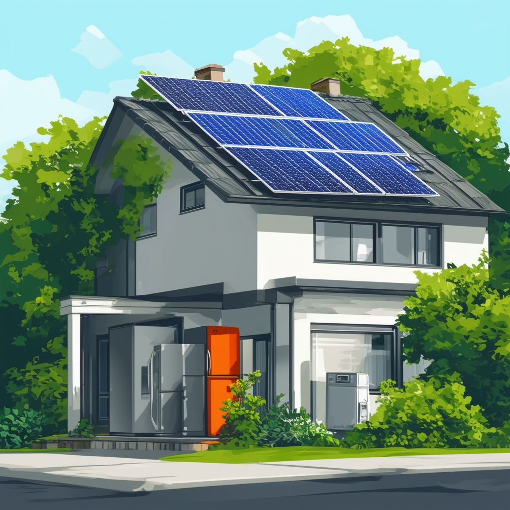 Eco-friendly home with energy-efficient appliances solar panels on roof surrounded by lush greenery conveying sustainability and environmental responsibility.