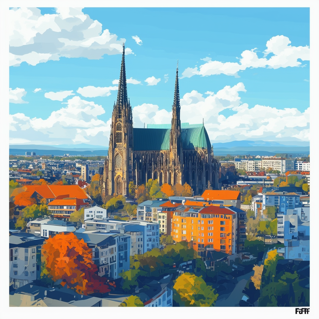 Modern Frankfurt cityscape illustration featuring iconic cathedral diverse architecture vibrant atmosphere set against bright blue sky with fluffy white clouds incorporating Hex colors: White ffffff Orange ec6707 Blue 1398f8 Dark Gray 595857 Light Gray a6a