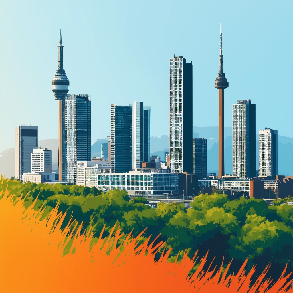 High-quality flat vector illustration of Frankfurt skyline with rising skyscrapers surrounded by lush greenery symbolizing growth stability gradient background transitions from White ffffff to Orange ec6707 representing dynamic market situation Dark Gray 5