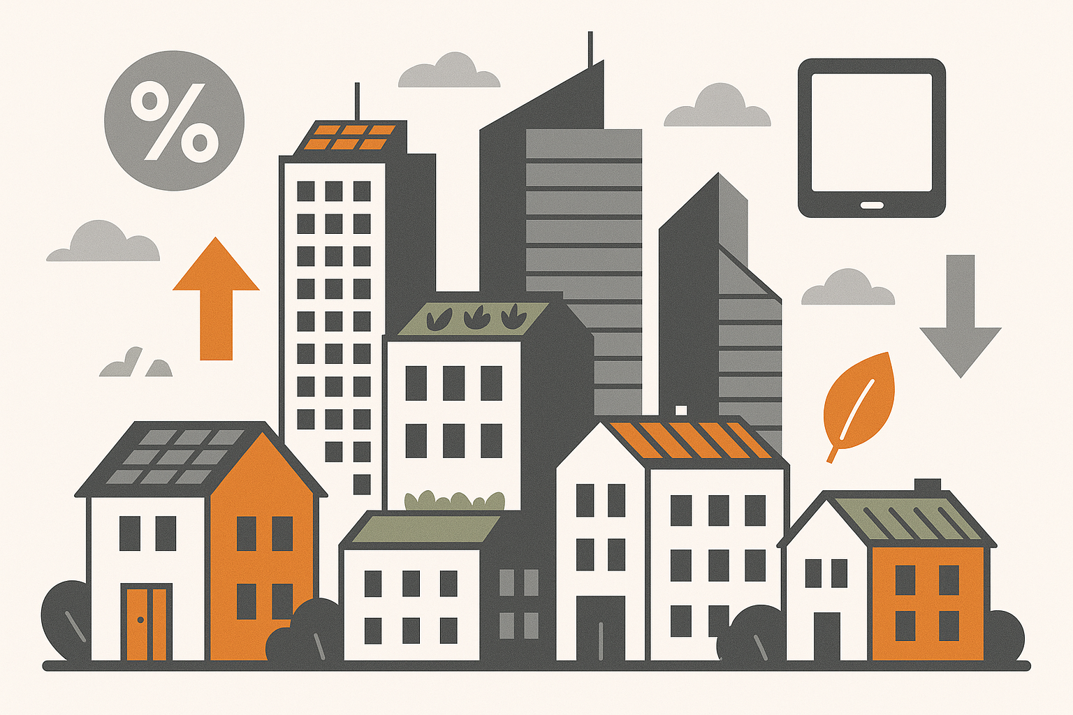 Dynamische Stadtansicht mit Wohngebäuden, Hochhäusern, grünen Dächern, Solarpanels, Pfeilen für Immobilienpreise und Digitalisierung.