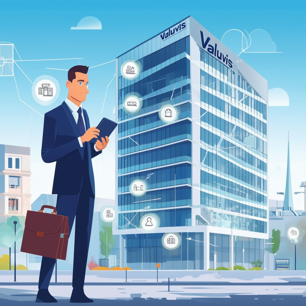 Professional Real Estate Agent Maximilian Ruecker in Frankfurt am Main surrounded by icons representing property valuation marketing sales services offered by Valuvis GmbH briefcase and tablet in hand modern building background with gradient transitions be