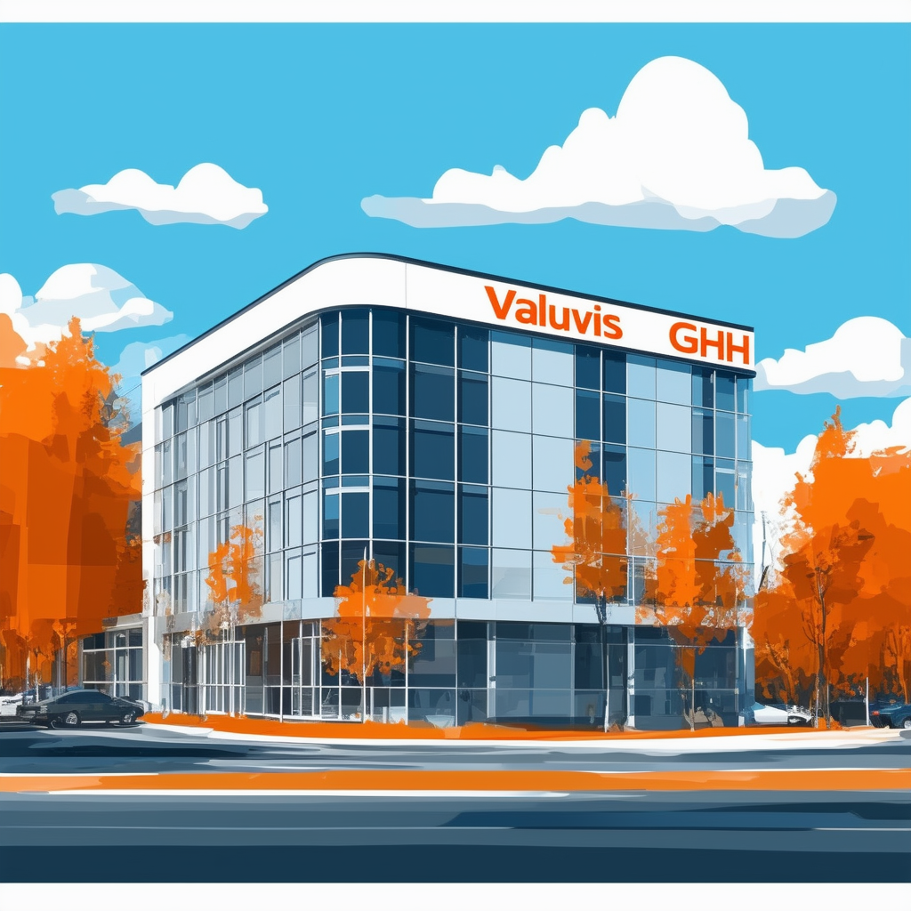 Urban landscape illustration featuring modern architecture prominent building with bold sign Valuvis GmbH bright blue sky fluffy white clouds orange hues subtle gradient effects using Hex colors: White ffffff Orange ec6707 Blue 1398f8 Dark Gray 595857 Ligh