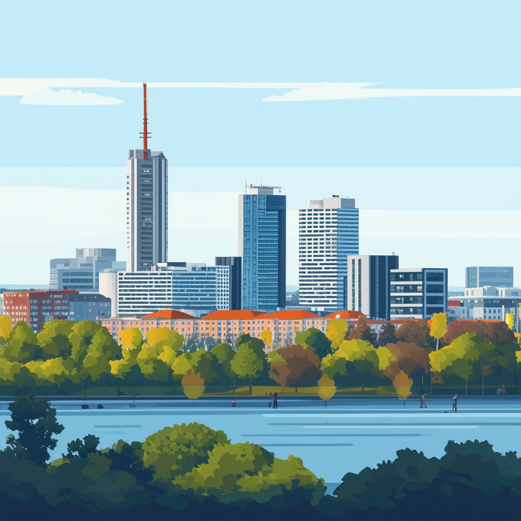 Modern Frankfurt skyline with prominent building surrounded by lush greenery showcasing the citys contemporary architecture and urban landscape featuring hex colors: White ffffff Orange ec6707 Blue 1398f8 Dark Gray 595857 Light Gray a6a7a8.