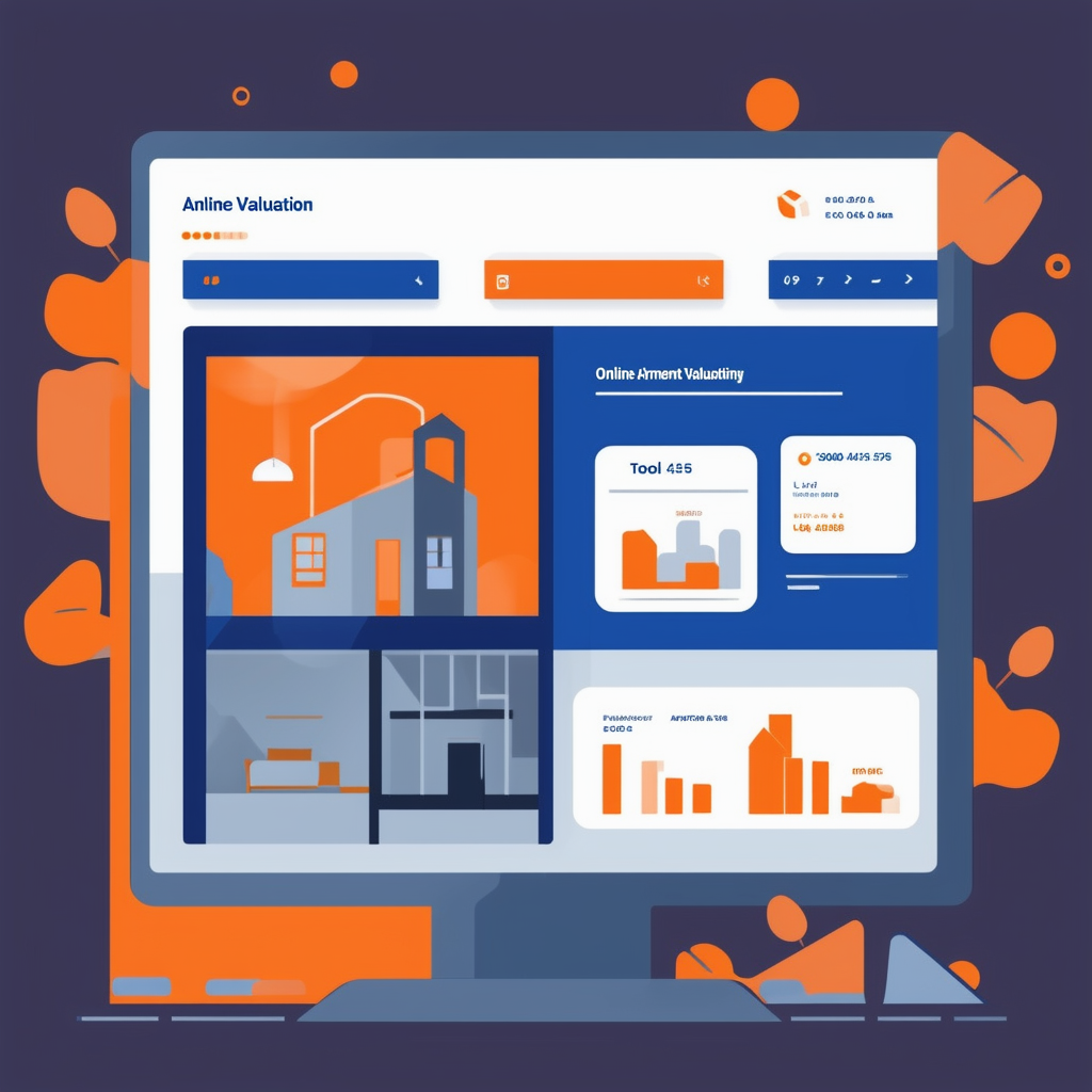 Eine moderne und professionelle Vektorillustration einer digitalen Schnittstelle die Online-Wohnungsbewertungstools praesentiert mit einem Farbschema aus Weiss Orange Blau Dunkelgrau und Hellgrau.