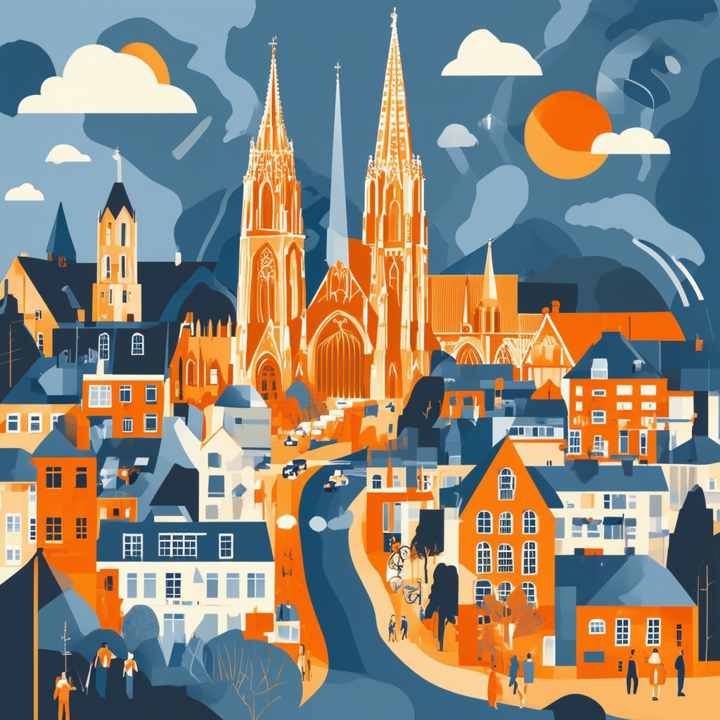 High-quality flat vector illustration of Immobilienmarkt Frankfurt am Main showcasing the citys iconic landmarks like Roemerberg and Frankfurt Cathedral within a stylized map surrounded by abstract shapes representing properties buildings people moving aro