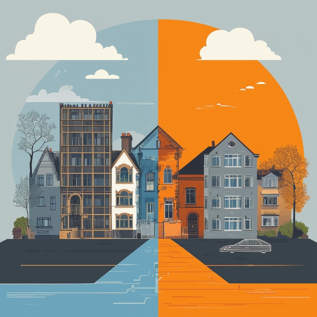 Balanced composition illustrating pros and cons of buying new build or old building highlighting modern architecture vs historic charm careful consideration essential decision making process contrasting elements showcased through Hex colors: White ffffff O