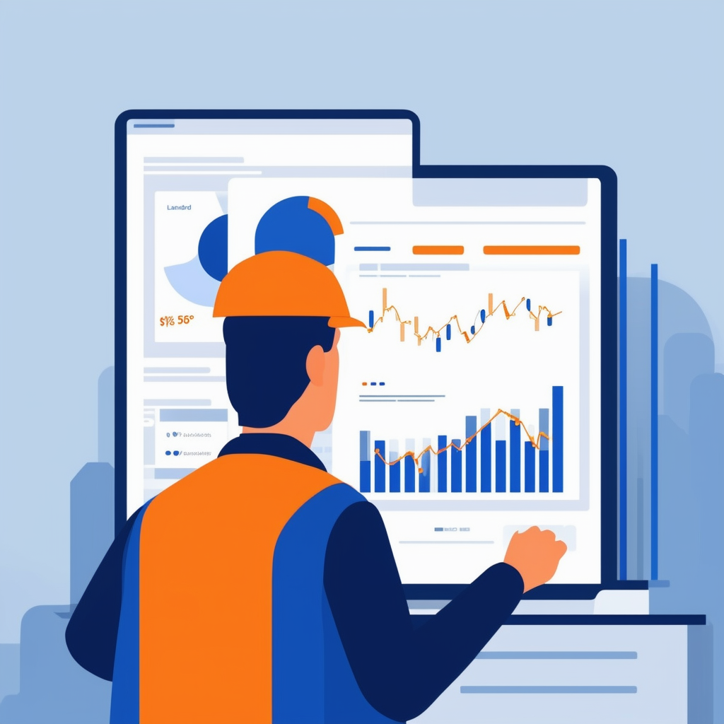 Eine professionelle Illustration eines Vermieters der Marktdaten und Mietpreise analysiert in einem ruhigen und sachlichen Stil mit Farben wie Weiss Orange Blau Dunkelgrau und Hellgrau.