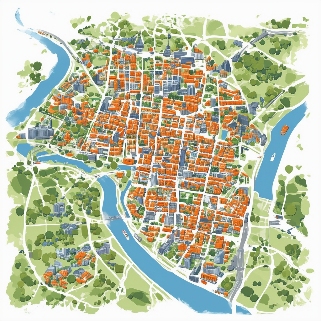 Map Illustration von Frankfurt mit markanten Vierteln und Bezirken darunter Symbole fuer Parks Kulturattraktionen und Finanzinstitutionen kombiniert mit den vorgegebenen Hex-Farbcodes: Weiss ffffff Orange ec6707 Blau 1398f8 dunkel Grau 595857 und Lichtgrau