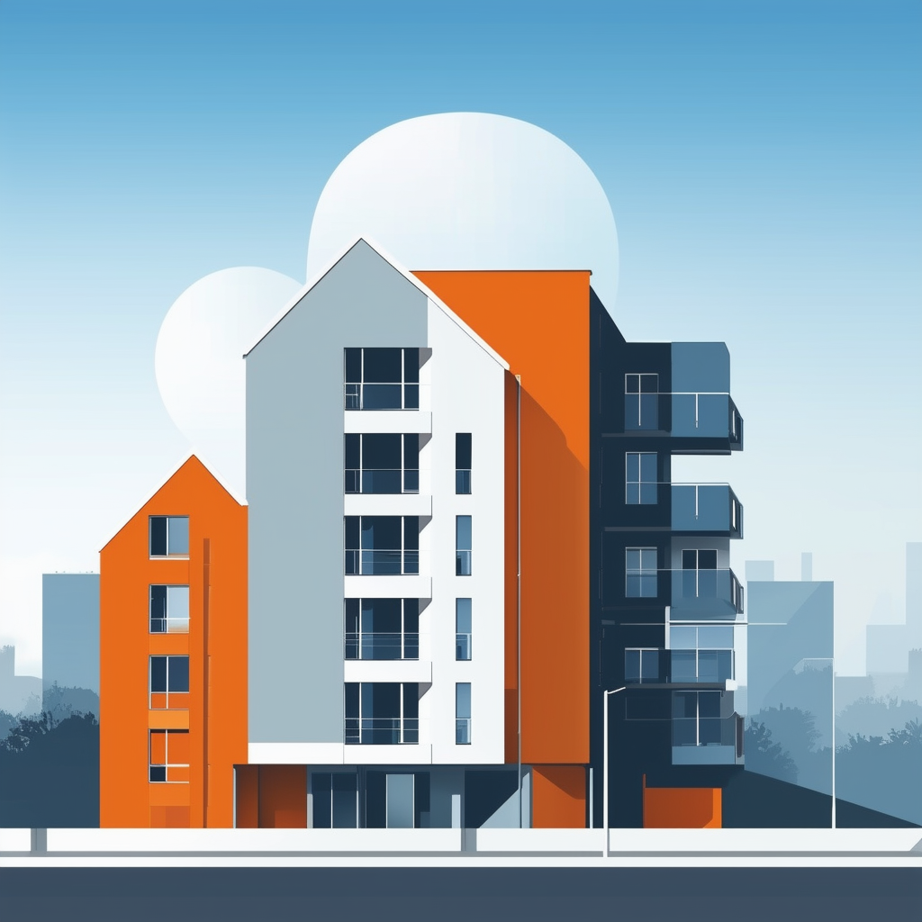 Modern apartment building Frankfurt am Main: Flat vector illustration featuring clean lines geometric shapes subtle gradient effect incorporating Hex colors White ffffff Orange ec6707 Blue 1398f8 Dark Gray 595857 Light Gray a6a7a8 highlighting importance o