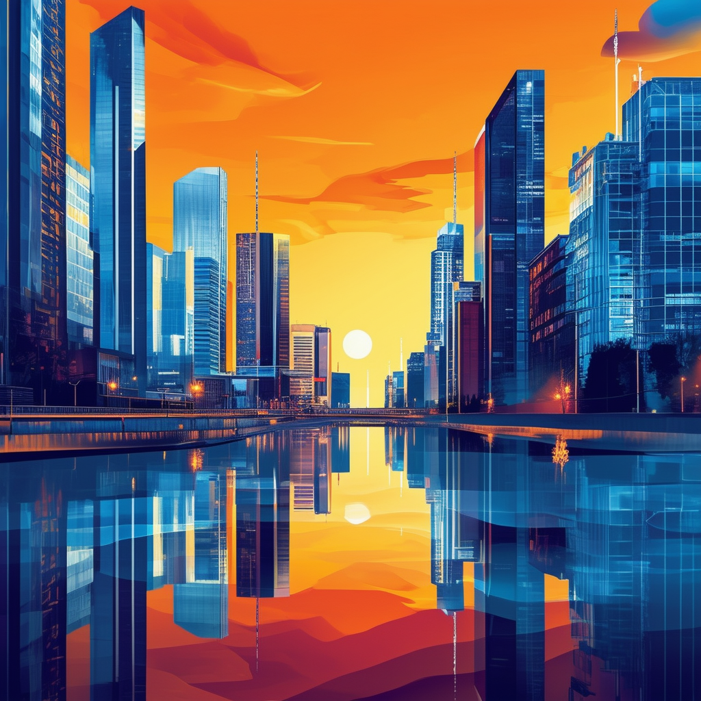 Future Cityscape: Frankfurt Real Estate Market Growth 2024 - futuristic skyscrapers vibrant colors dynamic energy symbolizing growth  development in Frankfurts real estate market with White ffffff Orange ec6707 Blue 1398f8 Dark Gray 595857 Light Gray a6a8a