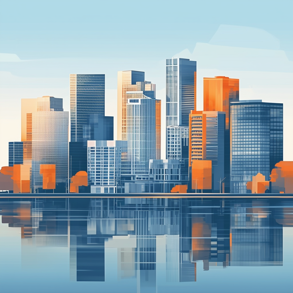 Urban landscape illustration featuring modern architecture mixed residential and commercial buildings gradient effect representing dynamic market trends white ffffff orange ec6707 blue 1398f8 dark gray 595857 light gray a6a7a8.