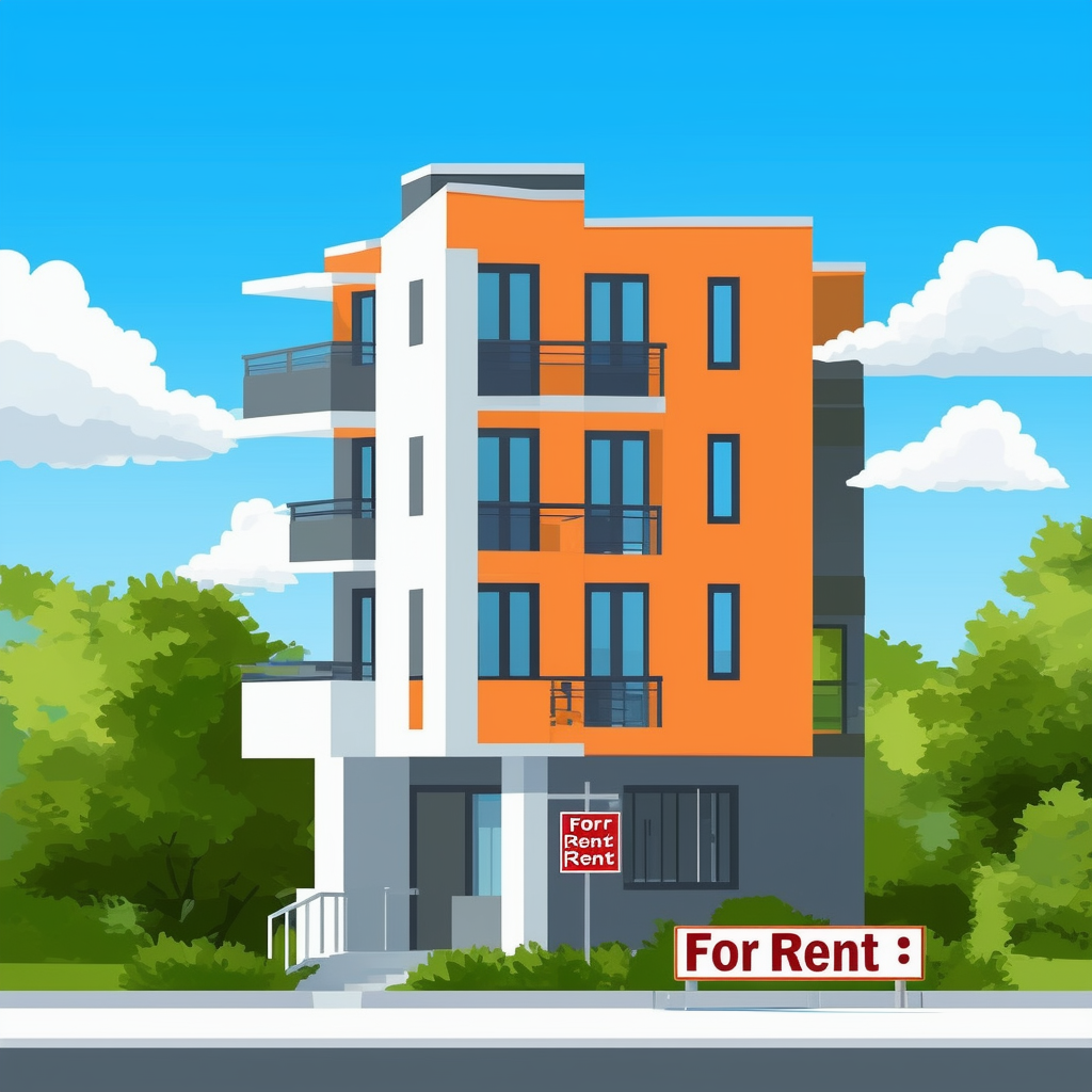 High-quality modern apartment building illustration with a For Rent sign set against a bright blue sky 1398f8 filled with fluffy white clouds surrounded by lush greenery conveying serenity and tranquility. Soft pastel hues include White ffffff Orange ec670