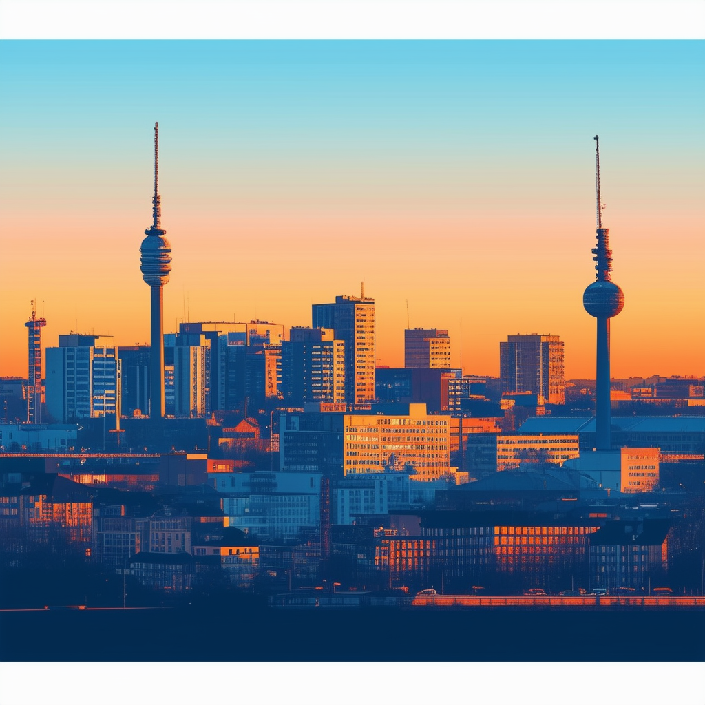 High-quality modern cityscape illustration featuring iconic Frankfurt skyline buildings with gradient effect incorporating hex colors ec6707 orange 1398f8 blue 595857 dark gray a6a7a8 light gray and ffffff white.