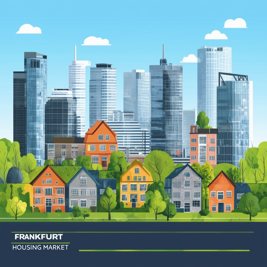 High-quality flat vector illustration showcasing Frankfurts housing market featuring rising prices in central areas like Sachsenhausen and Westend juxtaposed with lush greenery and modern architectural elements incorporating the Hex colors White ffffff Ora