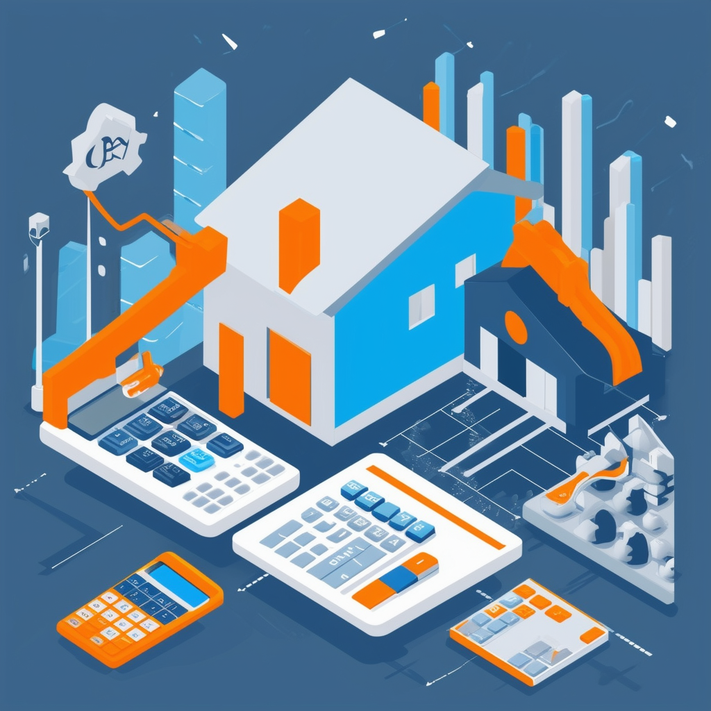 Eine moderne Immobilienmarktszene mit digitalen Tools und Taschenrechnern die eine professionelle und effiziente Atmosphaere vermittelt in einem Farbschema aus Weiss Orange Blau Dunkelgrau und Hellgrau.