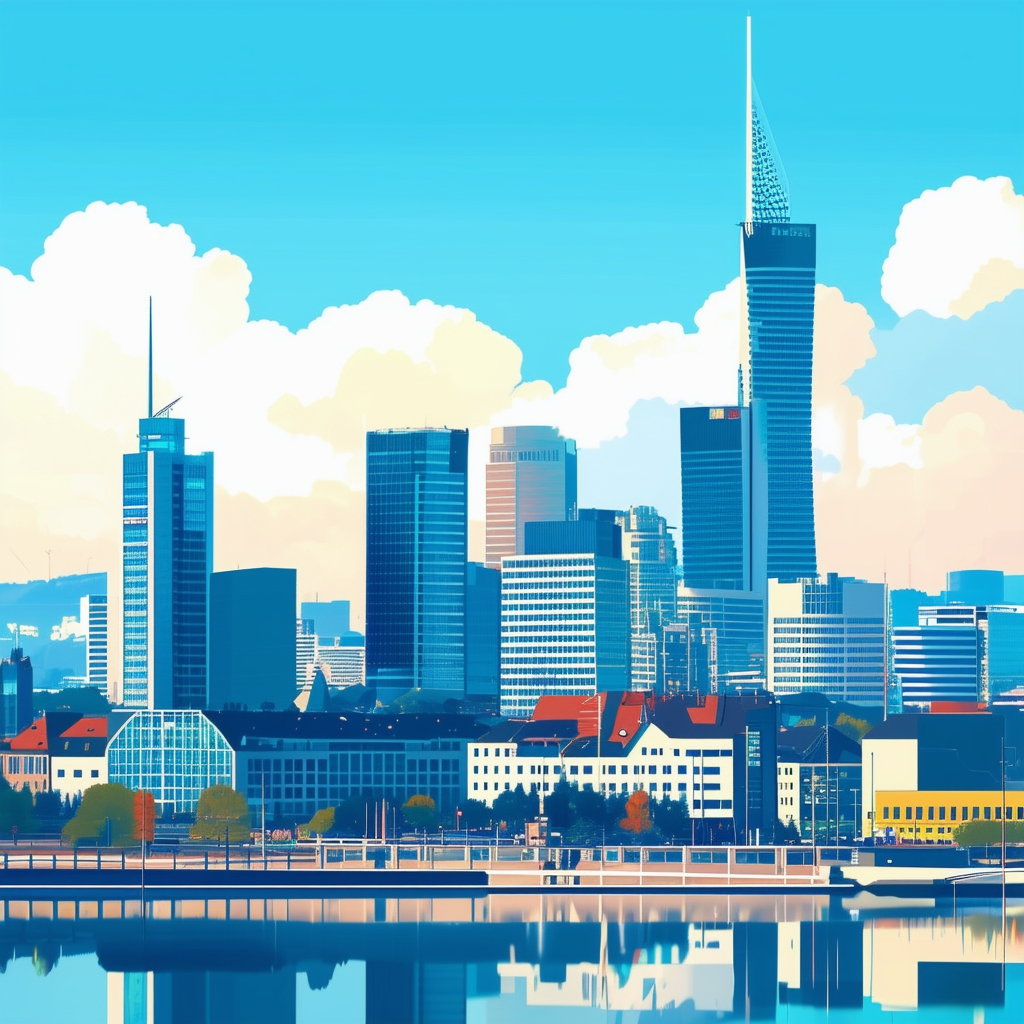 Modern Cityscape Frankfurt Skyline Illustration: Iconic buildings like Main Tower  Commerzbank Tower set against bright blue sky with fluffy white clouds gradient effects for depth bold lines geometric shapes evoking energy dynamism growth.