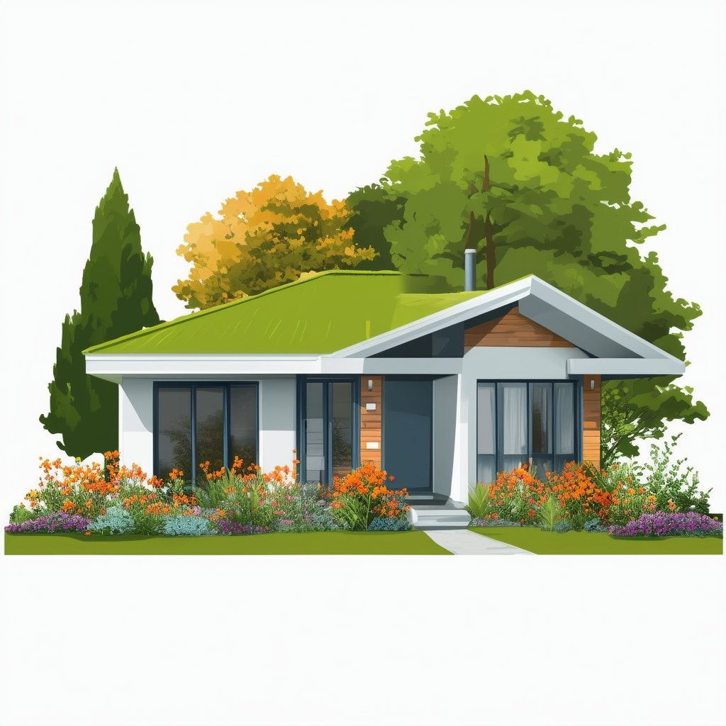 Well-maintained modern house with green roof surrounded by lush vegetation symbolizing regular upkeep for a thriving property featuring calming colors like White ffffff Orange ec6707 Blue 1398f8 Dark Gray 595857 and Light Gray a6a7a8.