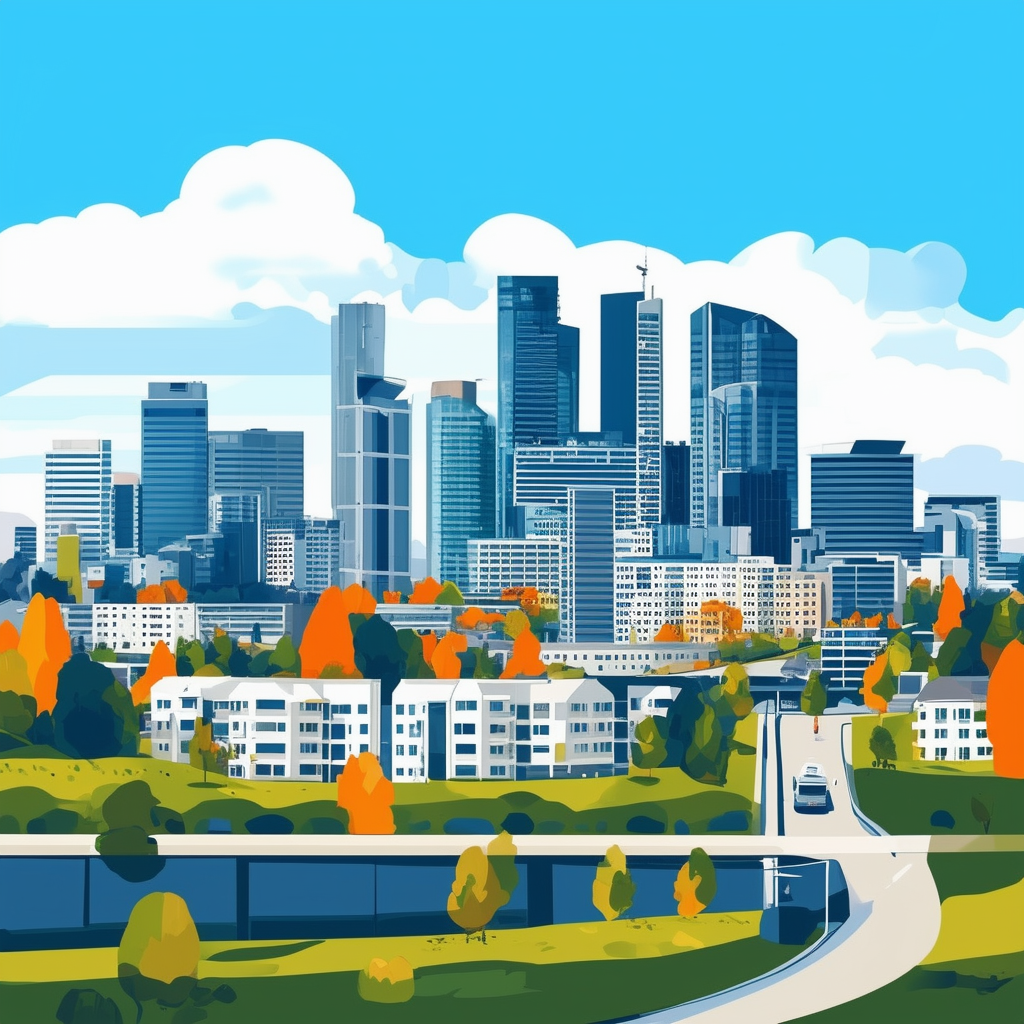 Panorama of Frankfurt skyline featuring modern architecture residential buildings office spaces green areas set against bright blue sky with white clouds incorporating Hex colors: White ffffff Orange ec6707 Blue 1398f8 Dark Gray 595857 Light Gray a6a8a8.