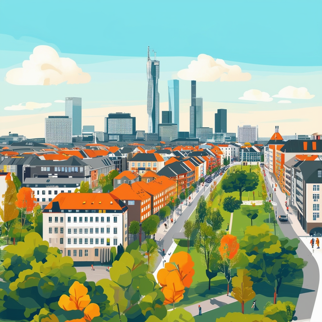 High-quality vector illustration showcasing Frankfurt am Mains charming neighborhoods including Sachsenhausen and Nordend featuring modern architecture lush green parks bustling streets and lively atmosphere set against a bright blue sky with white clouds