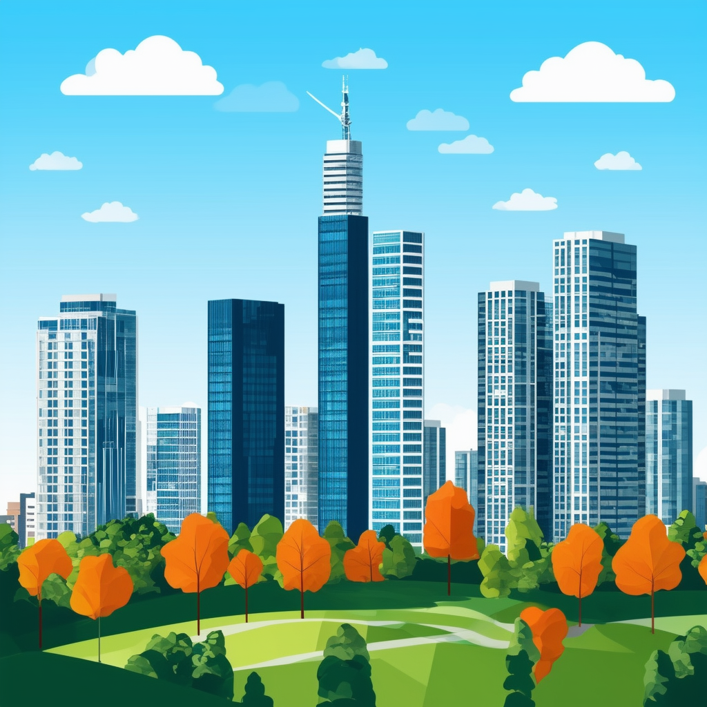 Frankfurt skyline illustration: modern architecture green parks rising buildings blue sky with white clouds Hex colors: White ffffff Orange ec6707 Blue 1398f8 Dark Gray 595857 Light Gray a6a7a8 conveying growth innovation urban development in Frankfurts re