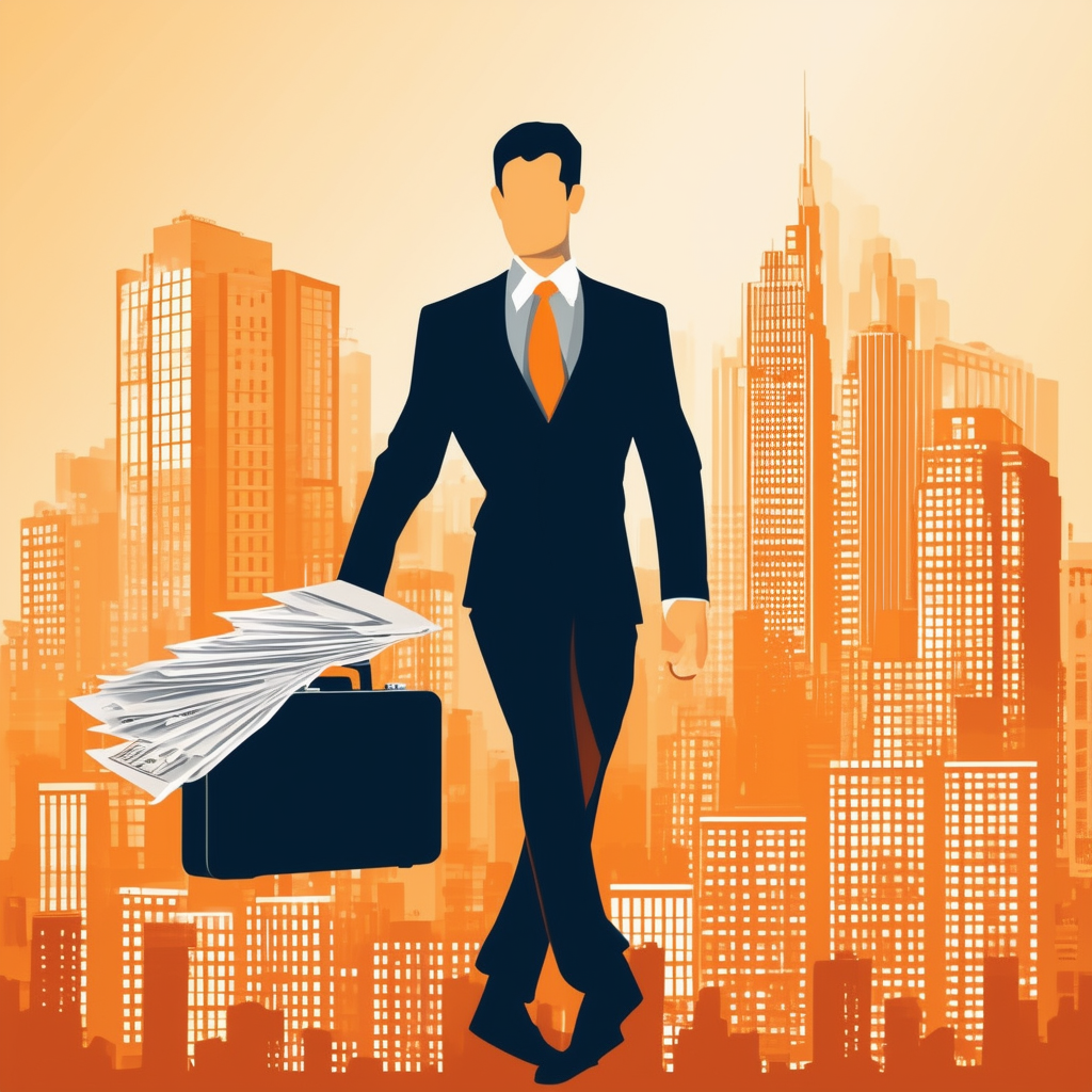 Professional Real Estate Agent: Trustworthy Expertise - Illustration of a reliable real estate agent surrounded by cityscapes buildings briefcase documents suit tie conveying trustworthiness expertise reliability set against gradient background transitioni