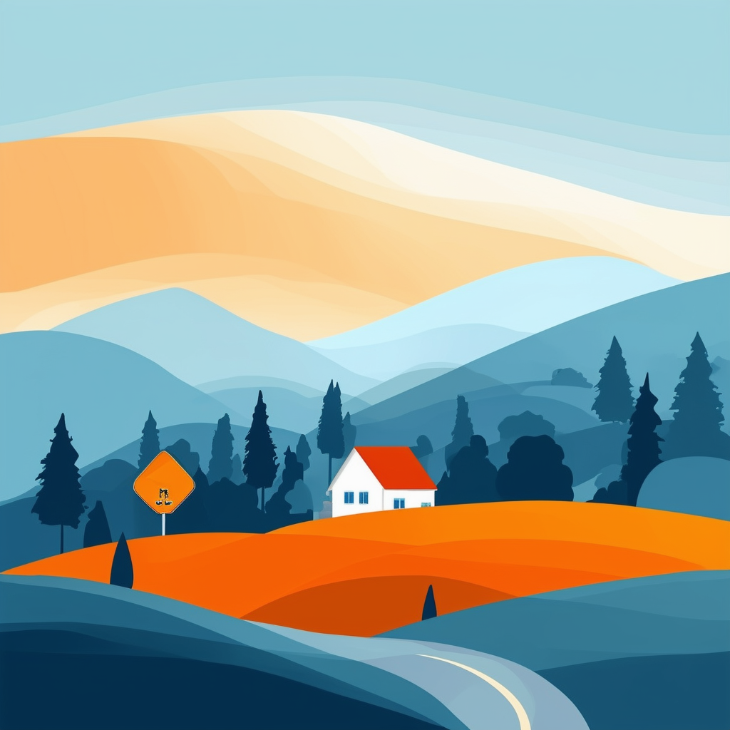 Ruhige und einladende Vektorillustration eines Hauskaufs: Vereinfachte Landschaft mit Haus unter blauem Himmel in Blau Orange und Grautoenen - vermittelt Gelassenheit und Zuversicht.